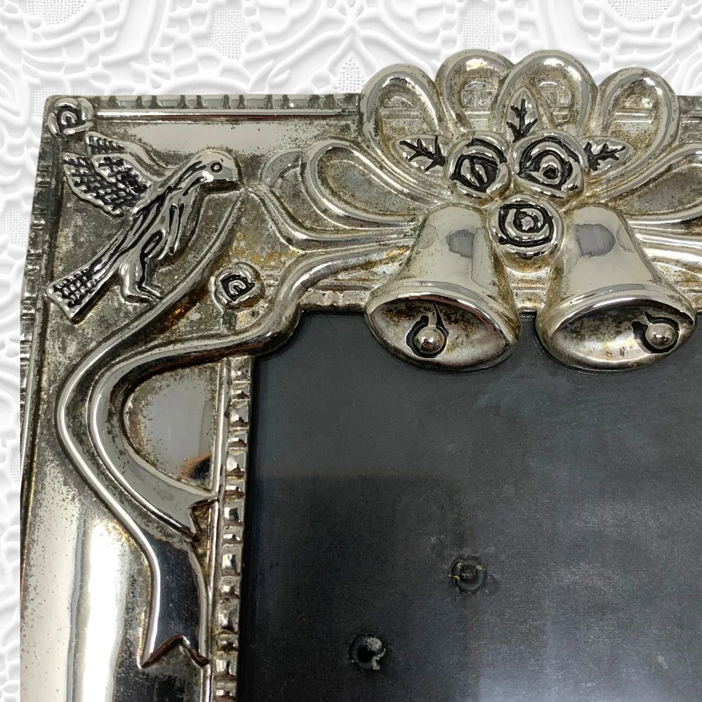 Vintage Silverplate Wedding Photo Frame Bells Doves Heart Romantic Anniversary
